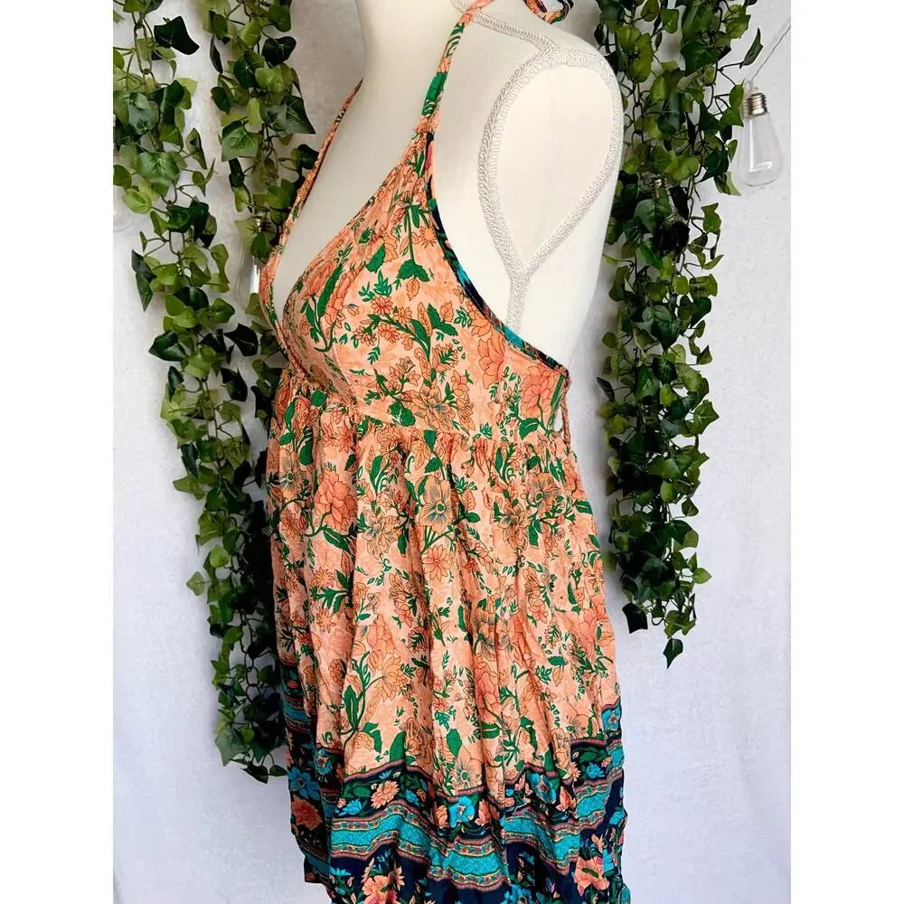 Boho Rayon Orange Teal Floral Halter Tie Empire Waist Mini Dress Women's Small - Picture 9 of 11